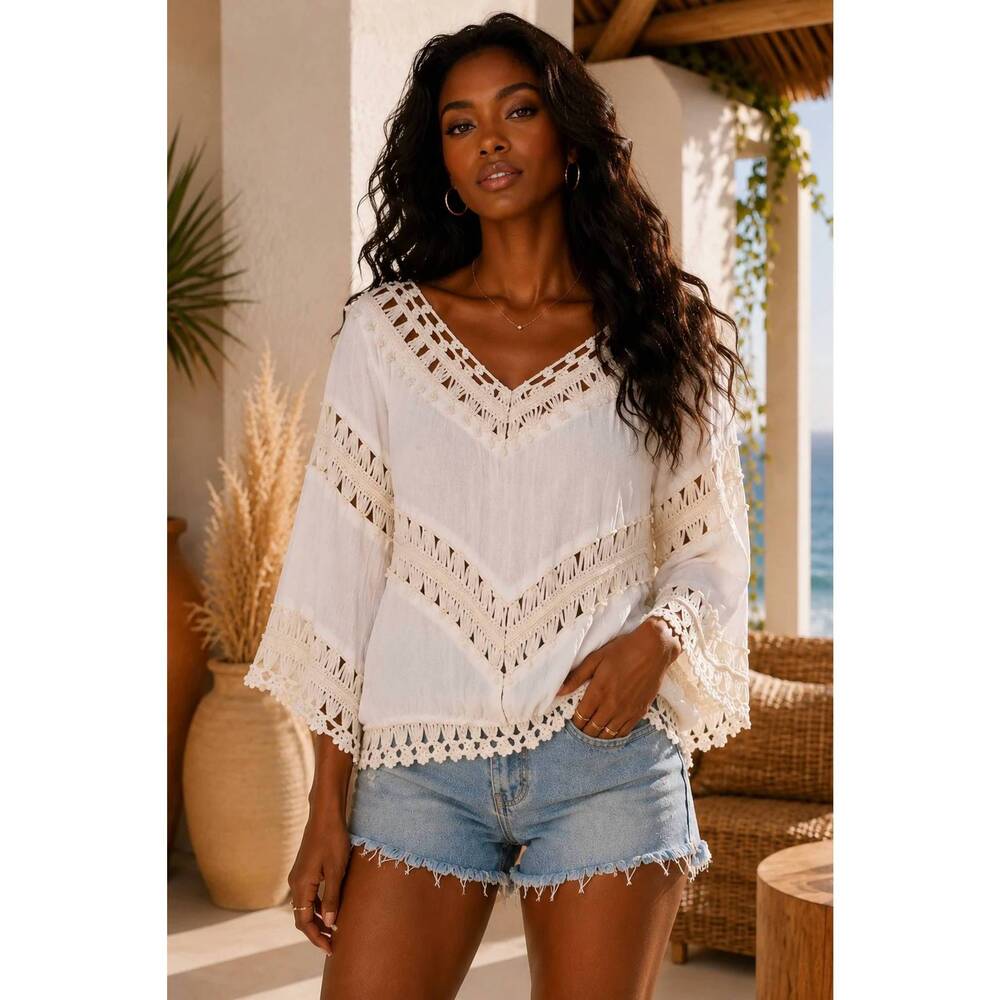 NEW SURELYMINE crochet lace boho blouse in white